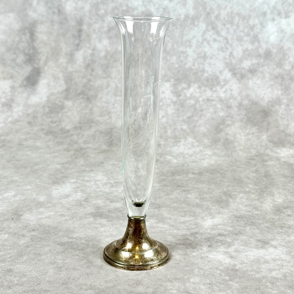 Alvin Sterling Silver Glass Bud Vase Etched Floral Design Cement Filled Base